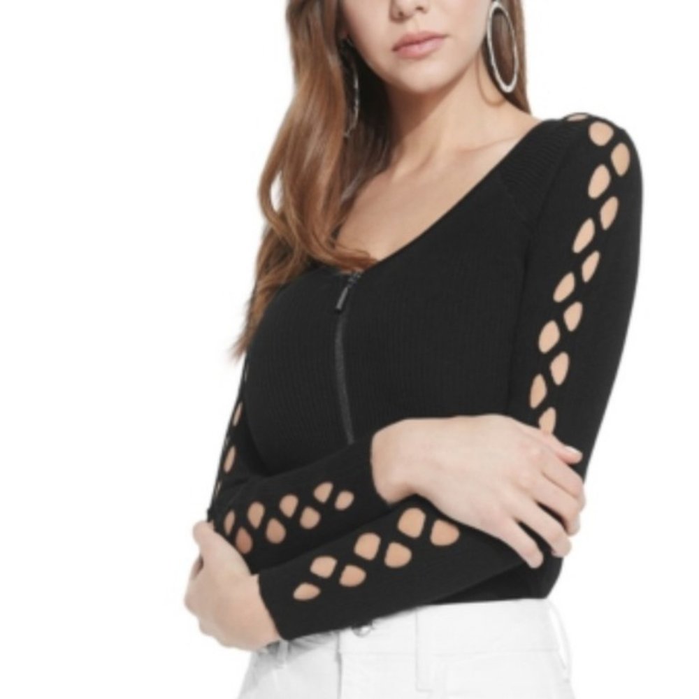 Guess Tinash black zipper cutout sleeve sweater EUC